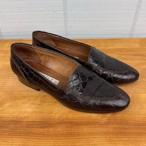 Nickels Vintage Italian Leather Brown Mock Croc Loafers Slip On Almond Toe 6.5